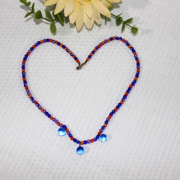 Handmade Women's Blue Orange Beaded Necklace Handcrafted - Picture 2 of 10